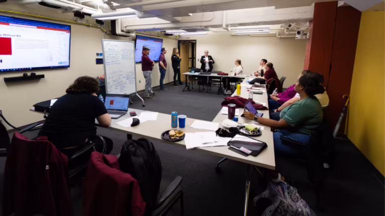 Training space with many people brainstorming