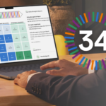 Business man's hands in front of a laptop computer with a screen displaying a CliftonStrengths Report. Image includes a graphic 34 with Strengths domain colors surrounding it in purple, green, orange and blue.