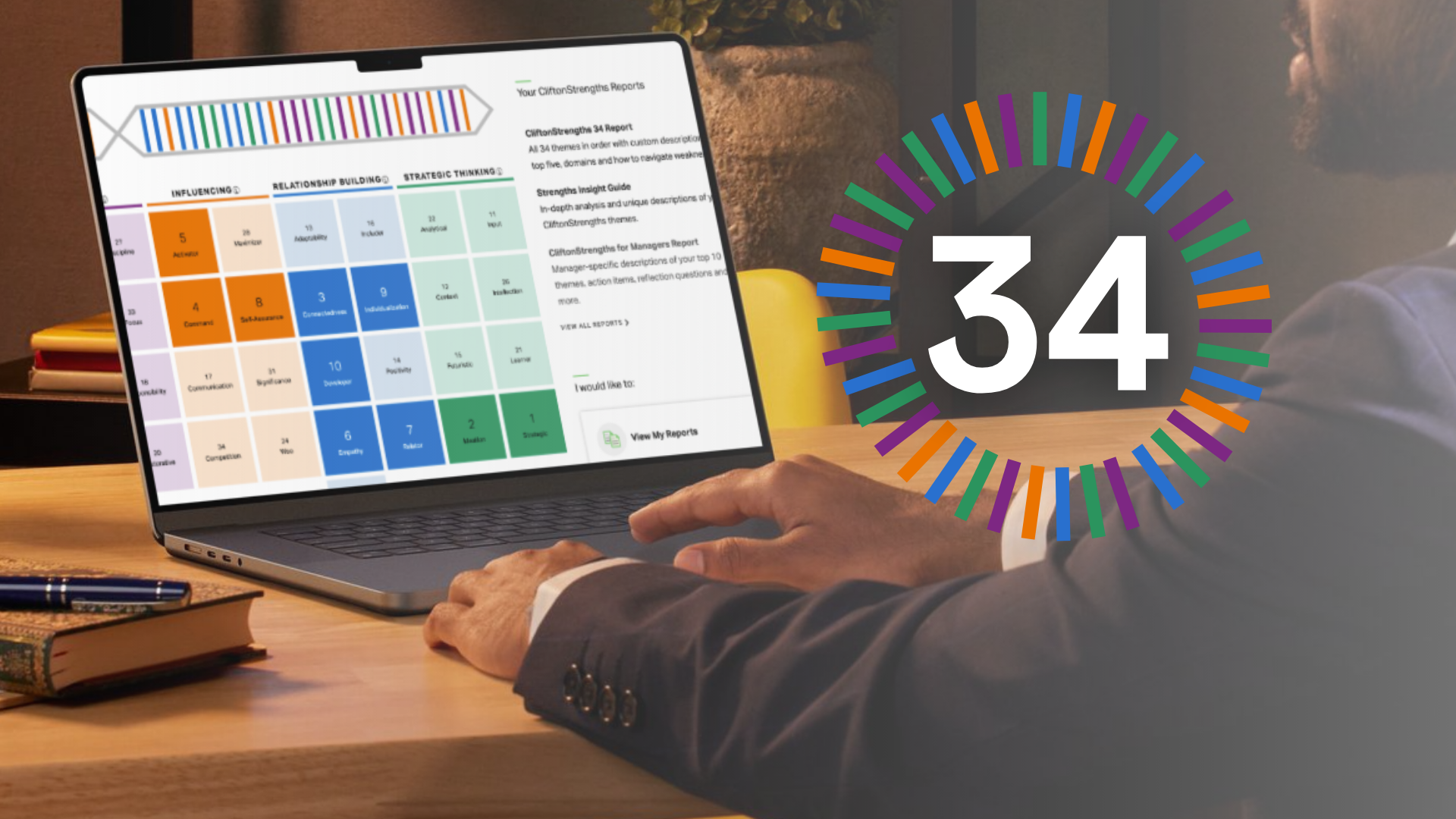 Business man's hands in front of a laptop computer with a screen displaying a CliftonStrengths Report. Image includes a graphic 34 with Strengths domain colors surrounding it in purple, green, orange and blue.