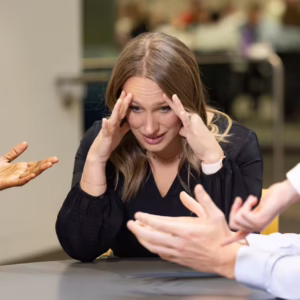 Woman with her hands on her temples listening to people around a table talking and gesturing toward her with their hands.