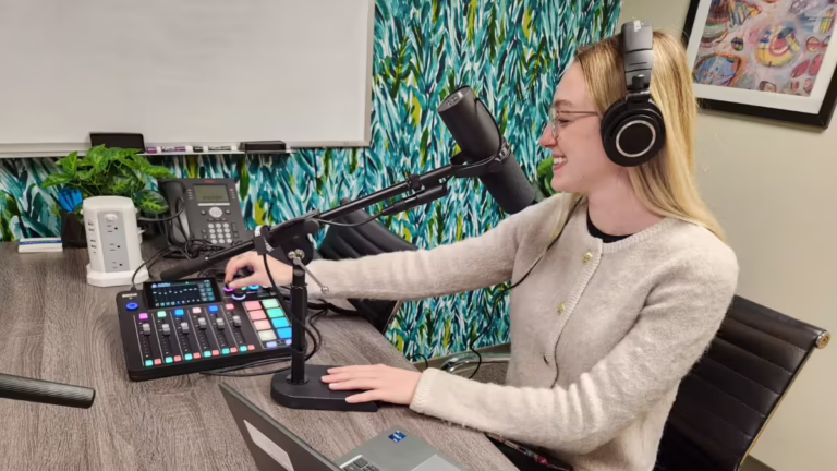 North Phone Room with woman podcasting