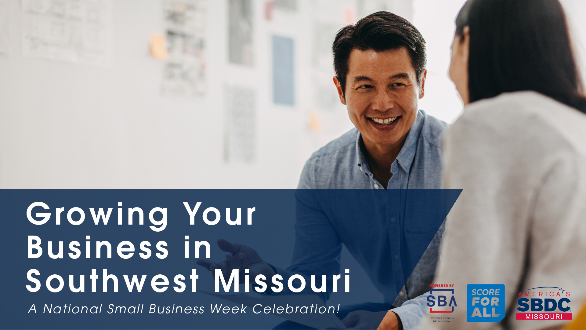 Growing your business in southwest missouri is written on top of picture with two people smiling.