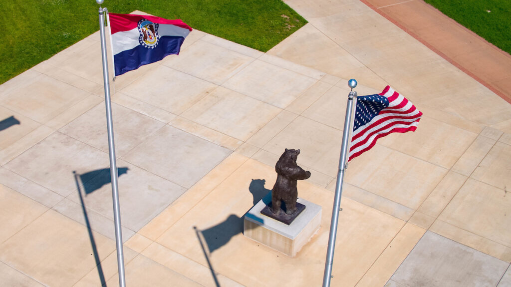 Aerial shot of flags with Bear statue below.