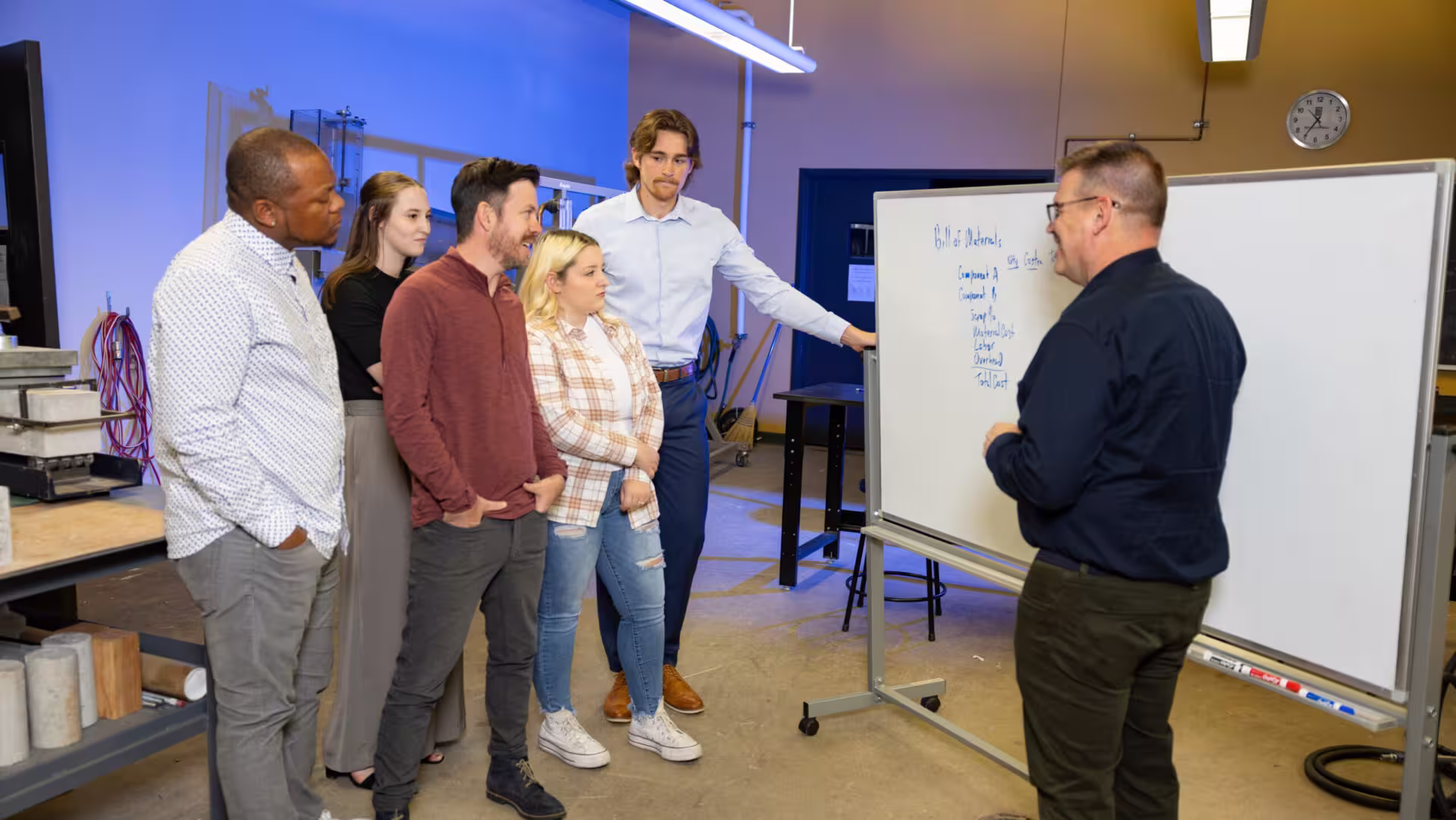 Supervisor speaking to a group of employees in front of a white board of written information.
