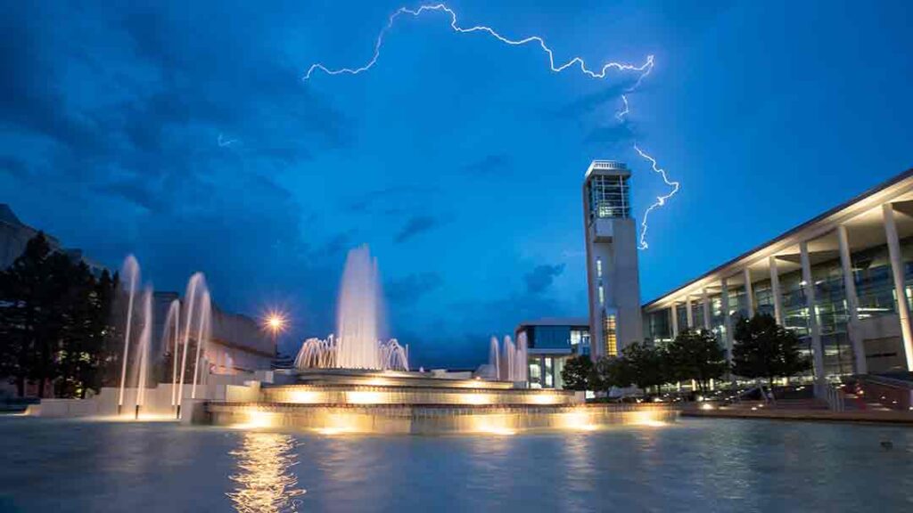 Lightning strikes over Hammons Fountain.