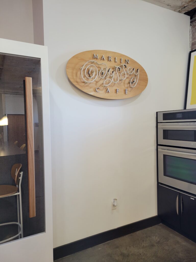 Marlin sign in Brick kitchen.