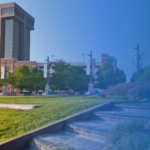Photo of Hammons Tower from the vantage point of Jordan Creek Park.