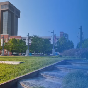 Photo of Hammons Tower from the vantage point of Jordan Creek Park.