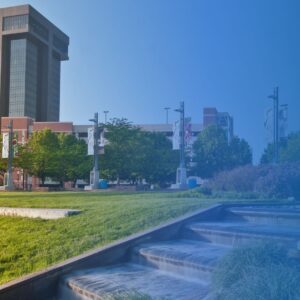 Photo of Hammons Tower from the vantage point of Jordan Creek Park.