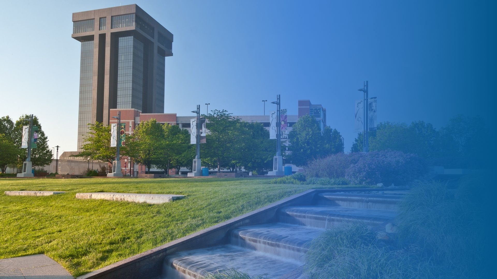 Photo of Hammons Tower from the vantage point of Jordan Creek Park.