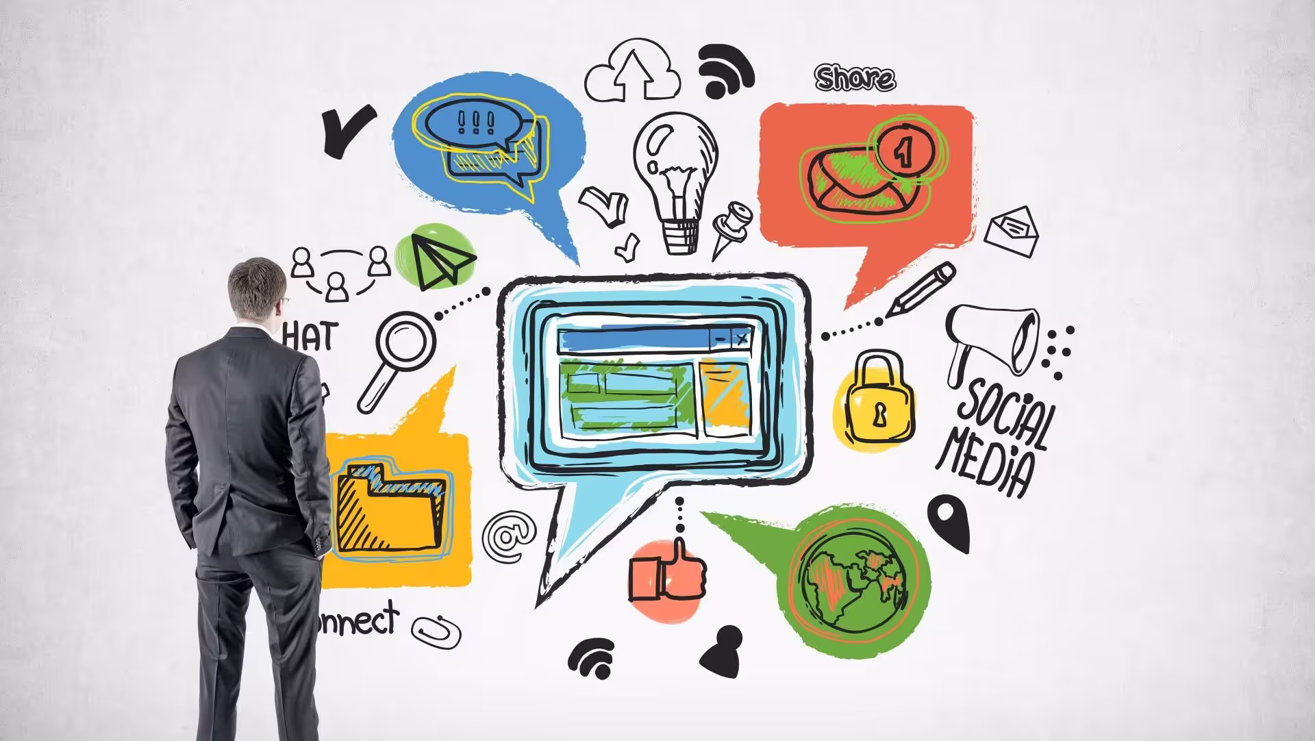 Business man in a suit looking at a wall of illustrations of social media, ideas, magnifying glass, do-to lists, a globe, etc.