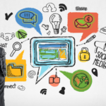 Business man in a suit looking at a wall of illustrations of social media, ideas, magnifying glass, do-to lists, a globe, etc.