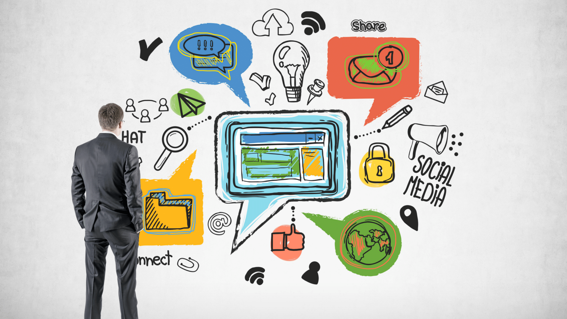 Business man in a suit looking at a wall of illustrations of social media, ideas, magnifying glass, do-to lists, a globe, etc.