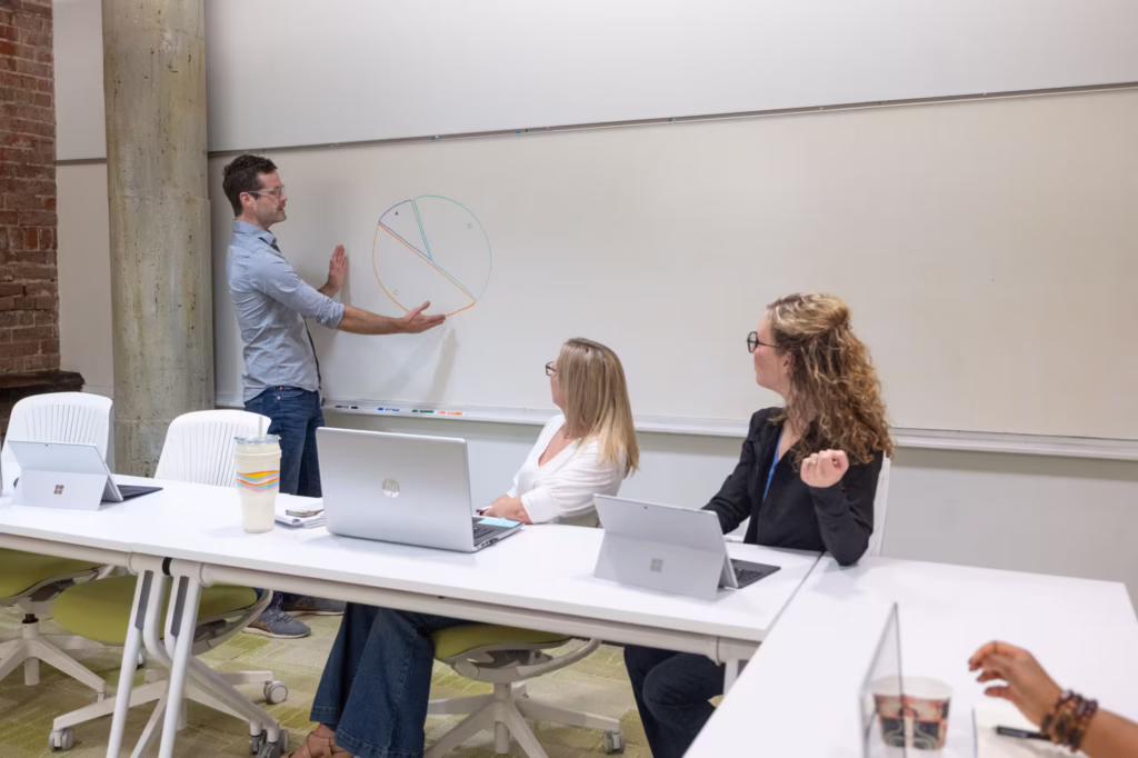 Man draws chart on whiteboard