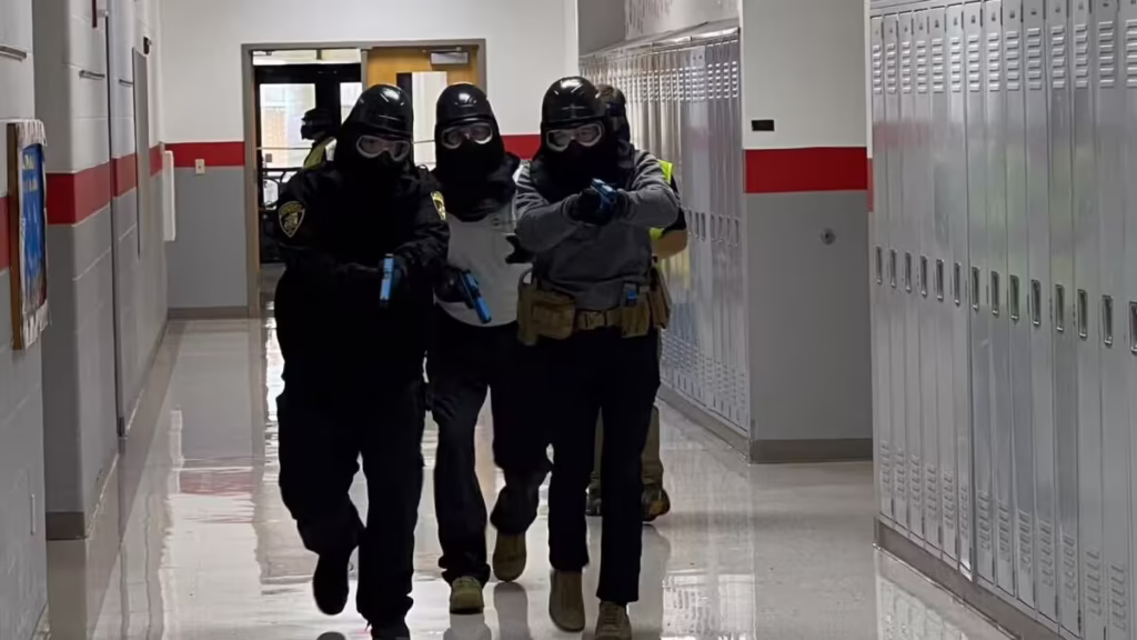 officer moving down hallway in tactical gear with guns drawn