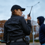 Police officer on handheld radio with suspect in background