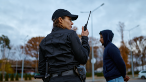 Police officer on handheld radio with suspect in background