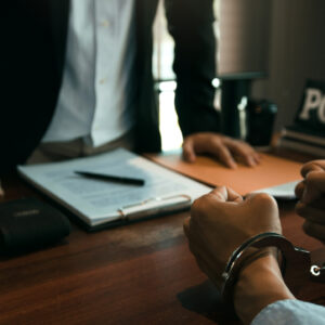 Police officer standing over desk intervewing handcuffed suspect