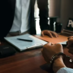 Police officer standing over desk intervewing handcuffed suspect