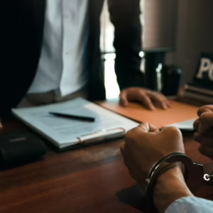 Police officer standing over desk intervewing handcuffed suspect