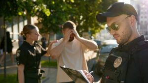 two police officers calming upset man in tan shirt