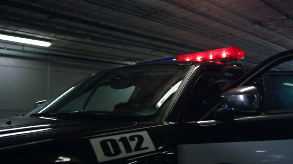 cop car in dark with lights on and officer stepping out.