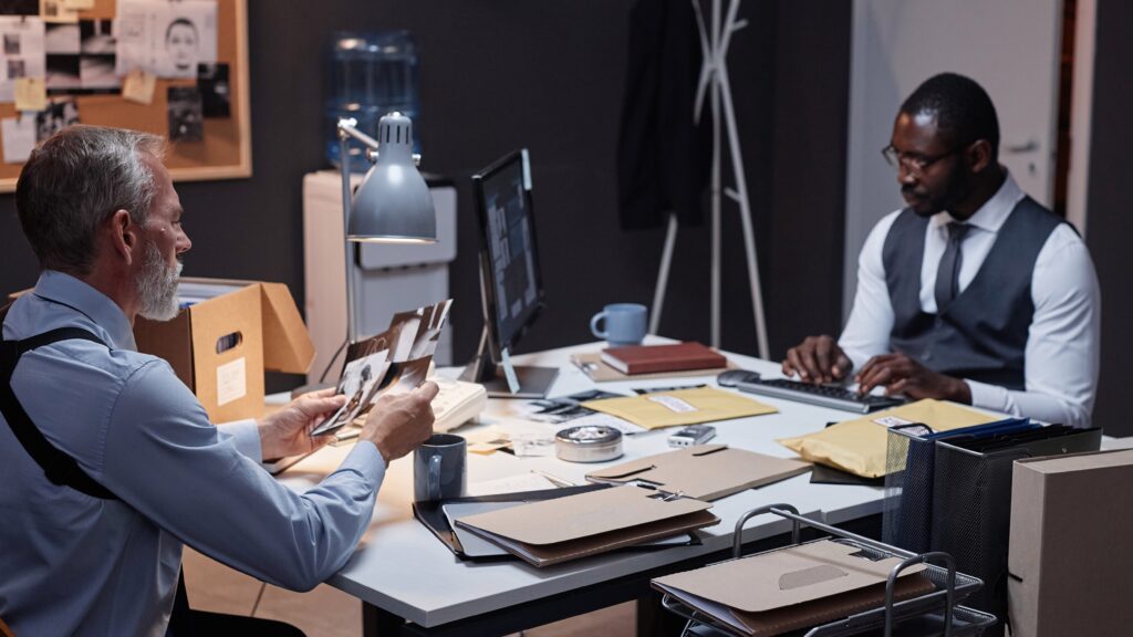 two males sitting at desk looking over case files