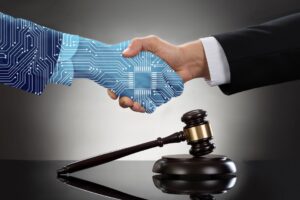 AI generated man's hand shaking hands with another man in a suit over a wooden gavel on a table.