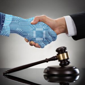 AI generated man's hand shaking hands with another man in a suit over a wooden gavel on a table.
