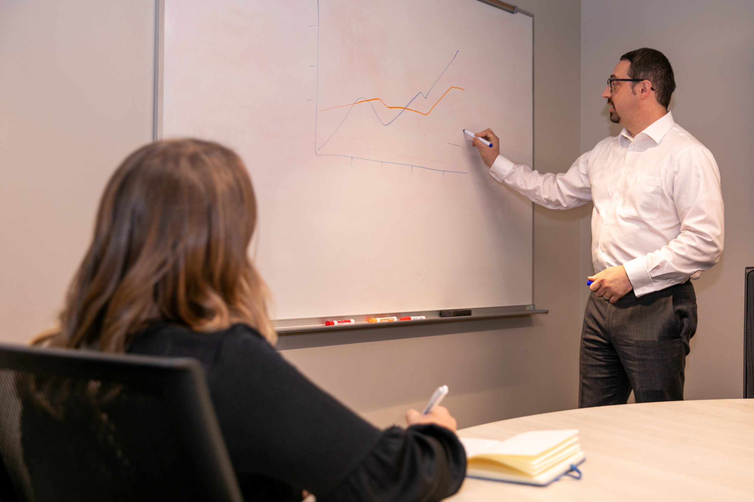 Two people look at white board