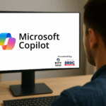 Man sitting in front of a computer screen with Microsoft Copilot logo on the screen. Pitt Technology Group and Missouri SBDC logos are featured as the presenting sponsors.