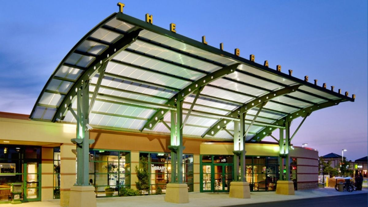 Exterior of Springfield's Library Station at sunset
