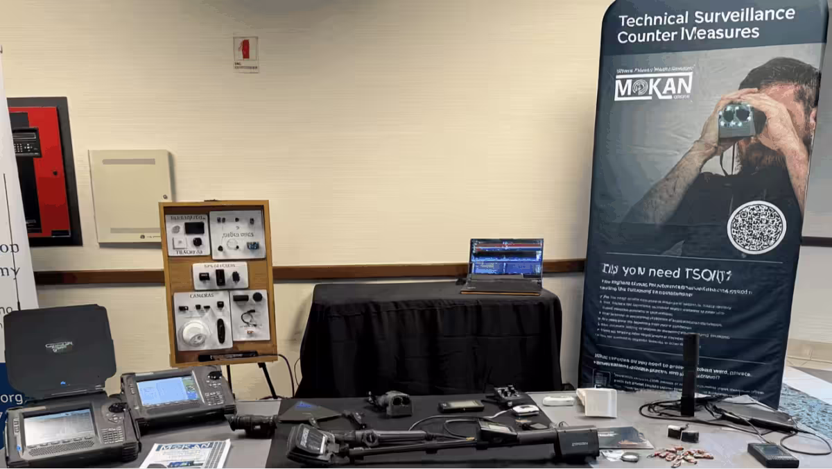 table with all types of counter surveillance tools laid out on it