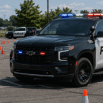 police cars in a parking lot with cones