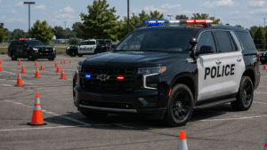 police cars in a parking lot with cones