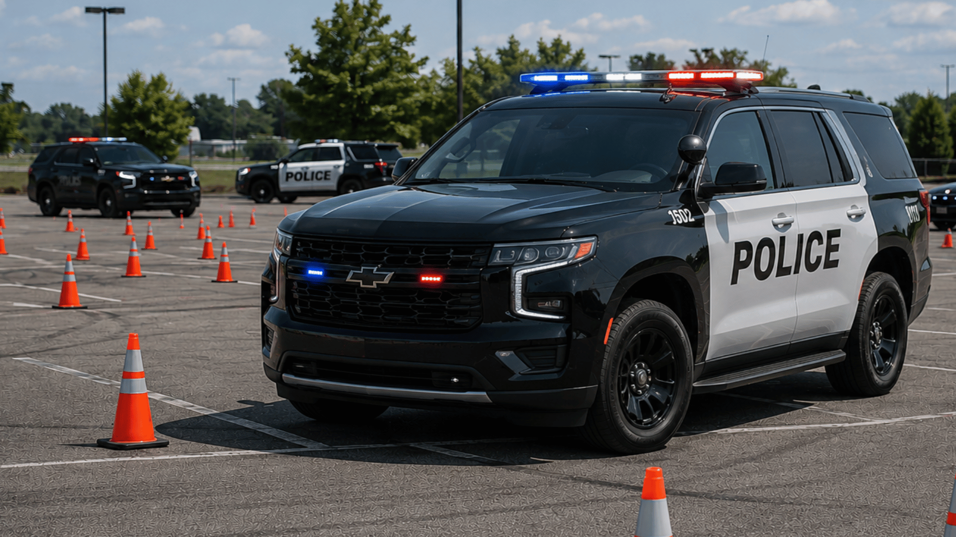 police cars in a parking lot with cones