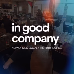 In Good Company - written on top of photo with lots of participants at a previous event at Mother's Brewing