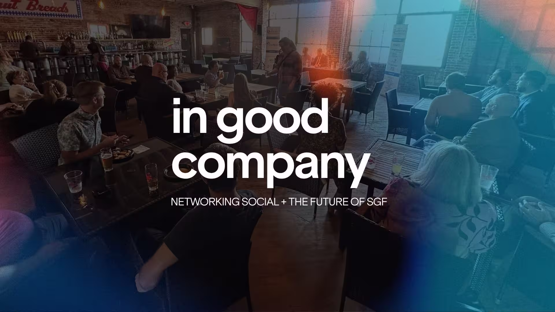 In Good Company - written on top of photo with lots of participants at a previous event at Mother's Brewing