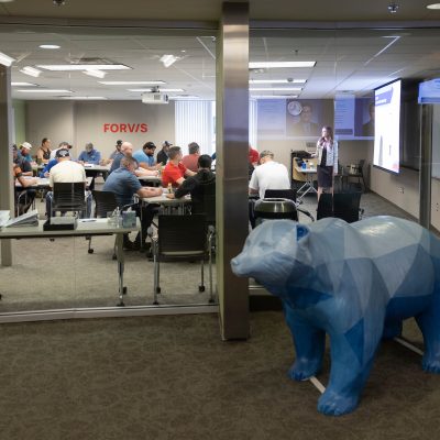 Training room with blue bear out front.
